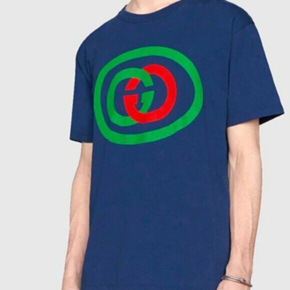 NWT Gucci Oversized Cotton Oval Interlocking GG Logo Blue T-Shirt size L - Picture 2 of 16